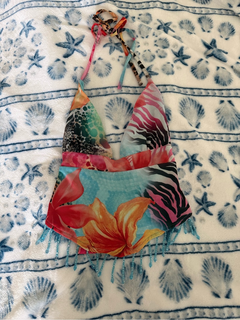 Windsor resort crush beaded fringe multi-colored halter top size xs